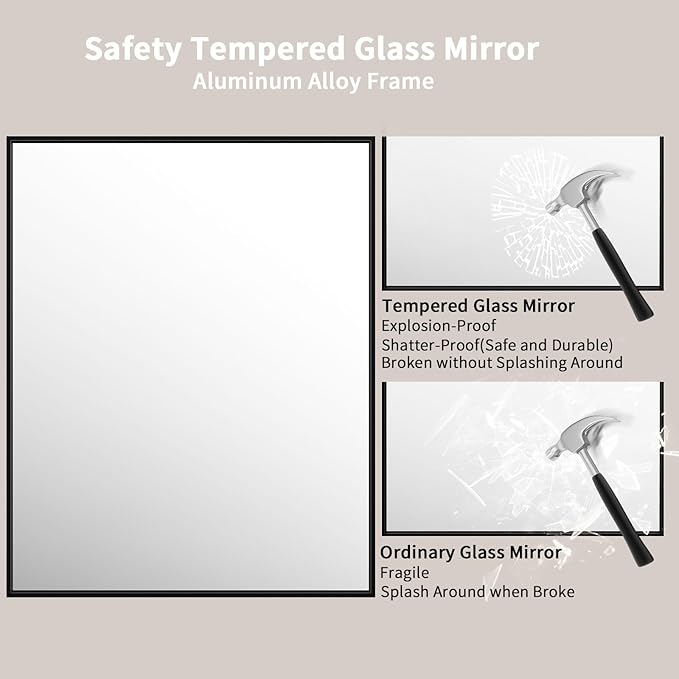 LOAAO 40"X32" Black Rectangle Bathroom Mirror Wall, Matte Black Aluminum Alloy Frame, Tempered Glass, Hangs Vertically or Horizontally, Easy to Install