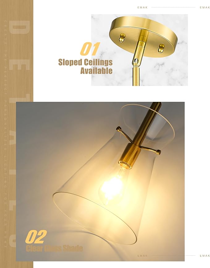 Emak 9 Inch Modern Pendant Lights Kitchen Island, Brushed Gold Pendant Light with Clear Glass Shade, Large Hanging Light Fixture for Kitchen, Dining Room, Bathroom, PL130-BGD-CG