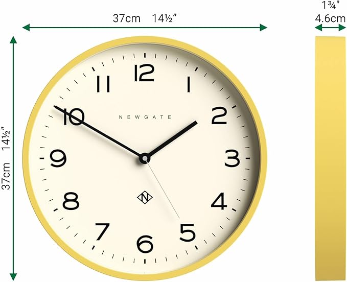 NEWGATE® Number Three Echo Wall Clock | Modern Round Clock | 14.5 inch | Yellow | Easy to Read Numbers | Ideal for Kitchen, Living Room or Office