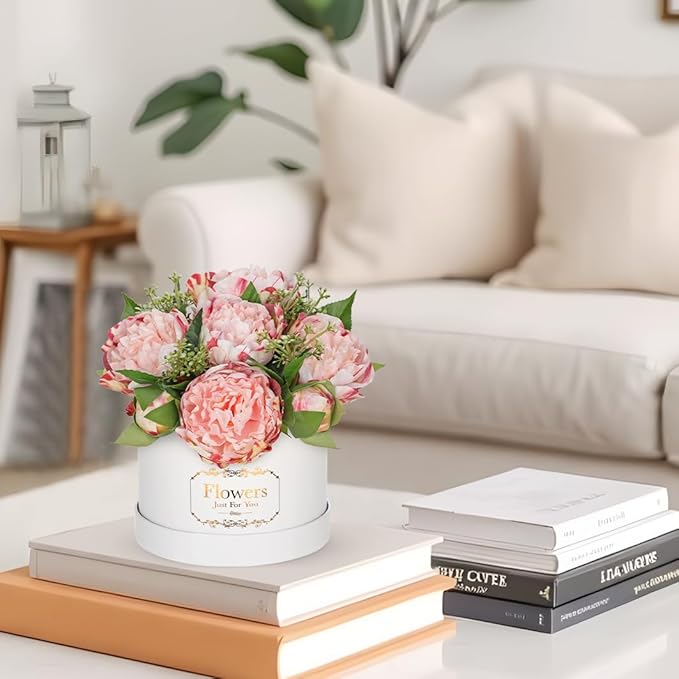 Hollyone Pink Peonies Artificial Flowers in Vase Round Gift Boxes with Fake Flowers Arrangements Faux Flowers Floral in Box Vase for Her Mothers' Day Valentine's Day Christmas Birthday Graduation Gift
