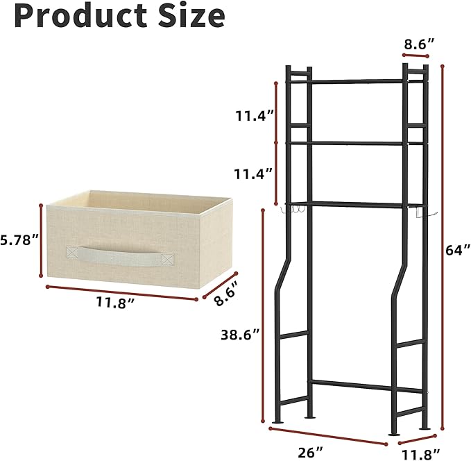 3 Tier Over The Toilet Storage Rack with 2 Basket, Metal Freestanding Bathroom Shelves Toilet with Paper Holder and 4 Hooks, Over Toilet Storage Shelf for Bathroom Storage, Black