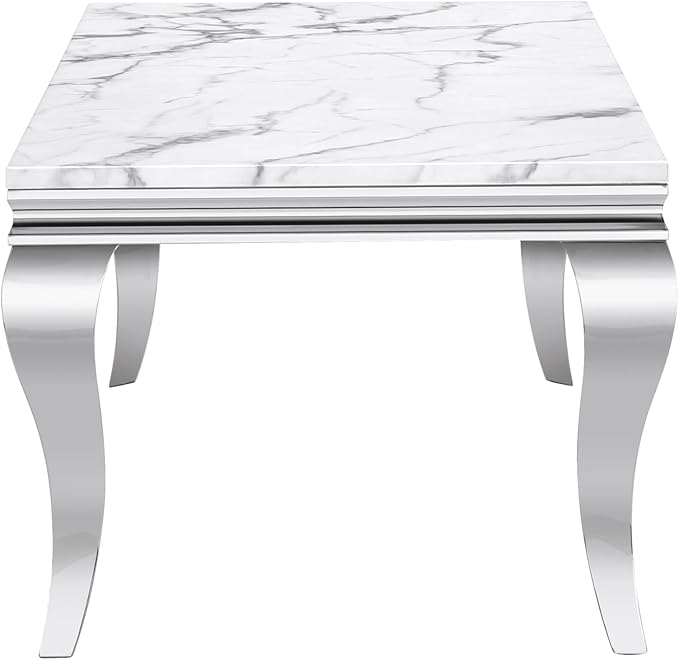 SSLine Modern White Faux Marble End Table Luxury Square Sofa Side Table with Silver Curved Legs Mid-Century Elegant Bedside Table w/Mirrored Stainless Steel Frame for Living Room Bedroom