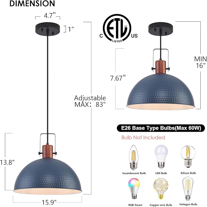 16 Inch Blue Pendant Lights Hammered Matte Pendant Lights for Kitchen Island Industrial Farmhouse Adjustable Height Dome Hanging Light Fixtures for Barn, Dining Room 1 Pack
