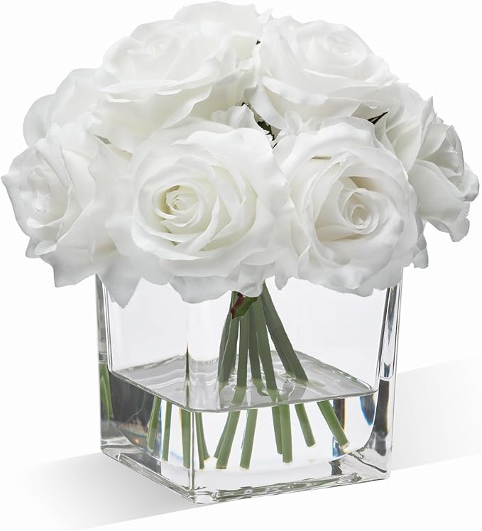 WELL KNOWN Rose Artificial Flowers in Vase with Faux Water, Ivory White Silk Rose Table Centerpieces for Home Coffee Table Decor, Fake Roses Flower Arrangements for Office Hotel Lavatory Decor