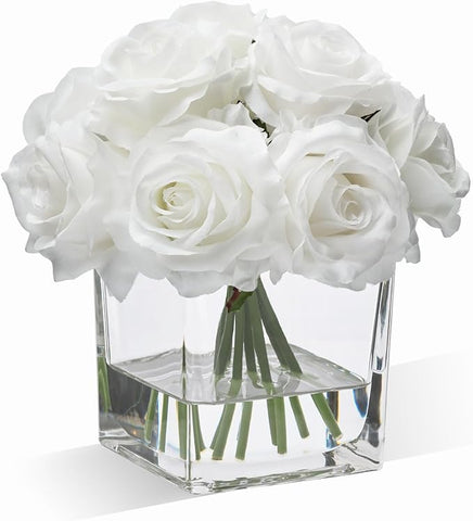 WELL KNOWN Rose Artificial Flowers in Vase with Faux Water, Ivory White Silk Rose Table Centerpieces for Home Coffee Table Decor, Fake Roses Flower Arrangements for Office Hotel Lavatory Decor