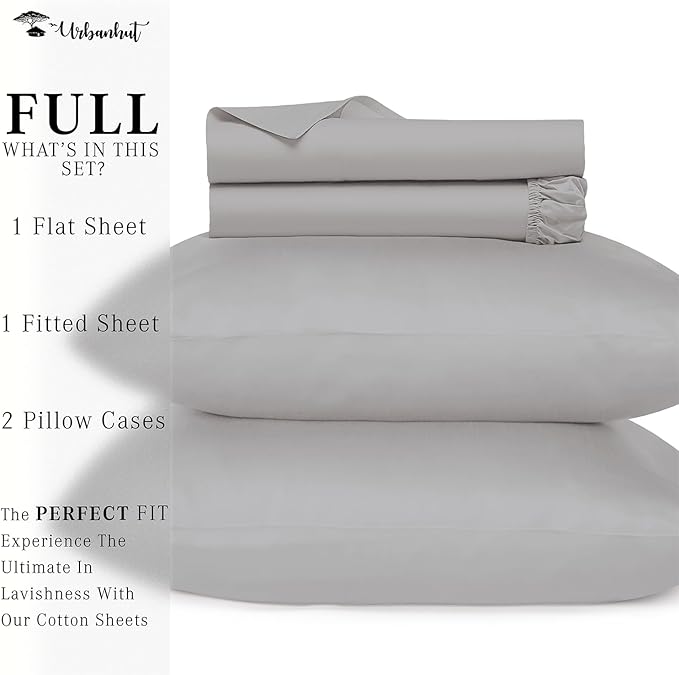 URBANHUT 700 Thread Count Egyptian Cotton Sheets Full Size, 4Pc Sheet Set Soft Luxury Bed Sheets for Full Size Bed, Sateen Weave Hotel Sheets, 14'' Elasticized Deep Pocket - Silver Grey