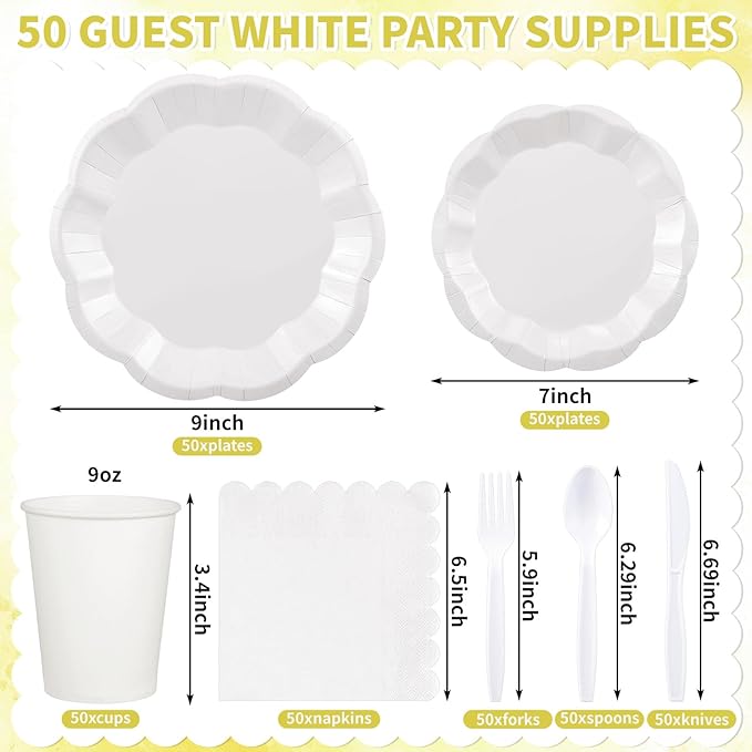 350 Pcs White Party Supplies Include Scalloped Plate Napkin Cup Forks Knives, Plastic Cutlery 50 Guest Disposable Parties Tableware Set for Wedding Baby Shower Bridal Shower Birthday Party