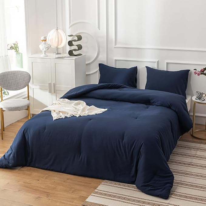 Pureant Solid Navy Comforter California King Dark Blue Bedding Comforter Set Solid Navy Blanket Quilt Cal King Men Women Cotton Blue Comforter Breathable Soft Navy Blue Comforter with 2 Pillowcases