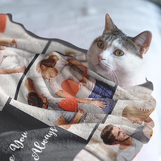 Custom Sherpa Fleece Blanket with Photos & Text - Soft, Warm & Fuzzy Personalized Couples Gifts for Boyfriend & Girlfriend - Customized Picture Blanket for Birthday, Anniversary & Christmas