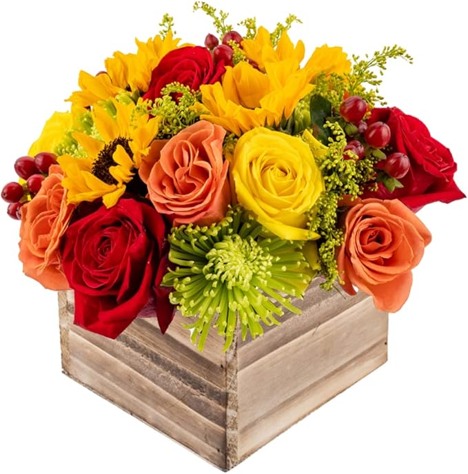 Warm Glow in Wooden Vase | Yellow, Orange and Red Fresh Flower Foam Arrangement | Arabella Bouquets | Flowers for Delivery, THanksgiving, Birthday, Congratulations