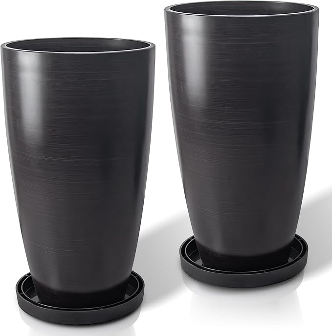ZMTECH 21 Inch Tall Outdoor Planters Set of 2 Round Tall Plant Pots for Outdoor/Indoor with Shelf Inset, Dark Brown Glossy Smooth Finish - Large Plastic Pots with Drainage Holes for Front Porch Patio