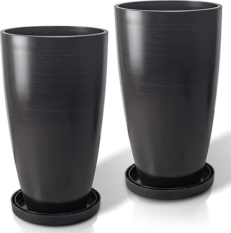 ZMTECH 21 Inch Tall Outdoor Planters Set of 2 Round Tall Plant Pots for Outdoor/Indoor with Shelf Inset, Dark Brown Glossy Smooth Finish - Large Plastic Pots with Drainage Holes for Front Porch Patio