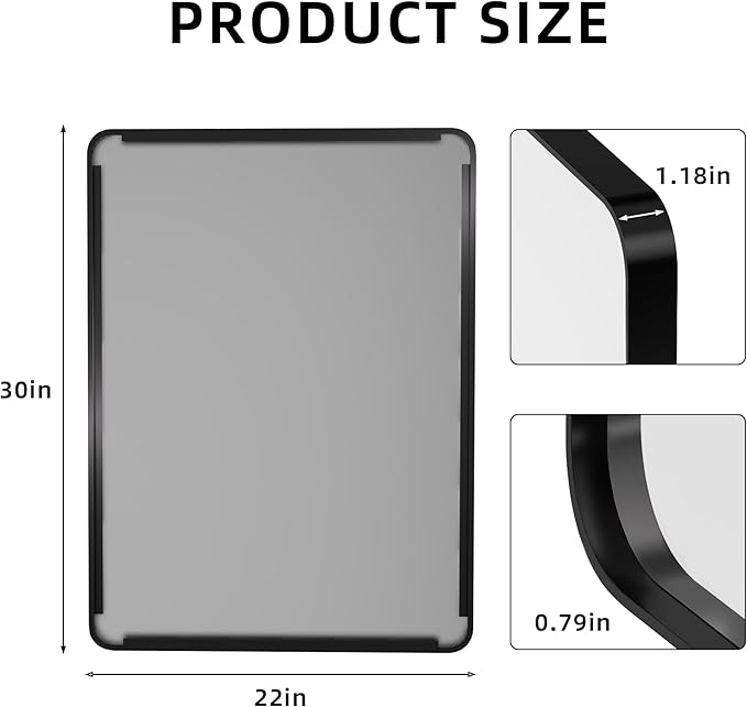 30x22 Bathroom Vanity Mirror for Wall, Aluminum Framed, Farmhouse Rectangle, Anti-Rust, HD Reflection Anti-Desilvering, Distortion Free, Tempered and Shatter-Proof Wall Mounted Mirror, Black
