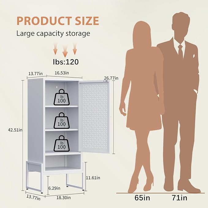 LEYNOT Small Bathroom Storage Cabinet 42.51“H Metal Bathroom Floor Cabinet with Adjustable Shelves for Pantry，Kitchen, Home Office, Living Room, Dinning Room (White)