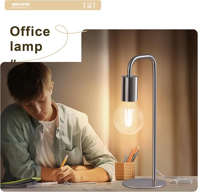 Industrial Table Lamp for Bedroom, Small Side Table Lamp for Nightstand with Wire Switch, E26 Socket Base, Modern Desk Lamp for Living Room, Reading, Office (Bulb Not Included), Silver