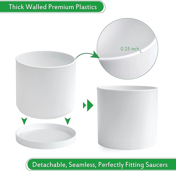 D'vine Dev 2 Pack 8 Inch Modern Plastic Plant Pots, Small Garden Planters for Plant with Drainage Holes and Saucers, White Color, 74-Z-M-1