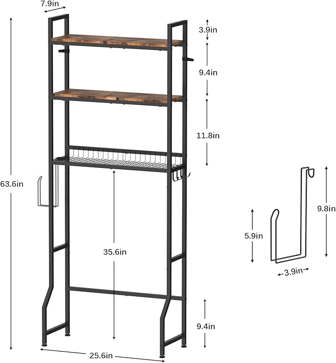 Over The Toilet Storage, Over Toilet Bathroom Organizer 3 Tier, Above Toilet Storage Rack for Bathroom Freestanding Bathroom Space Saver with Metal Frame and 4 Hooks for Laundry, Brown