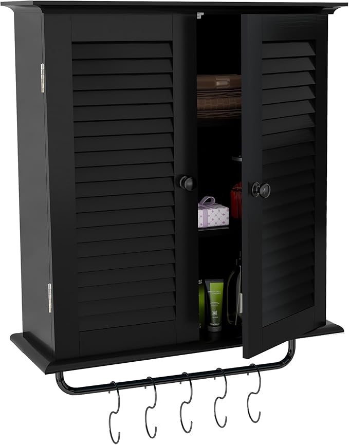 TaoHFE Bathroom Cabinet Wall Mounted Designer Bathroom Wall Cabinet Medicine Cabinet with Double Shutter Doors 3 Tier Adjustable Shelf with Towel Rack Over The Toilet Storage Cabinet Laundry (Black)
