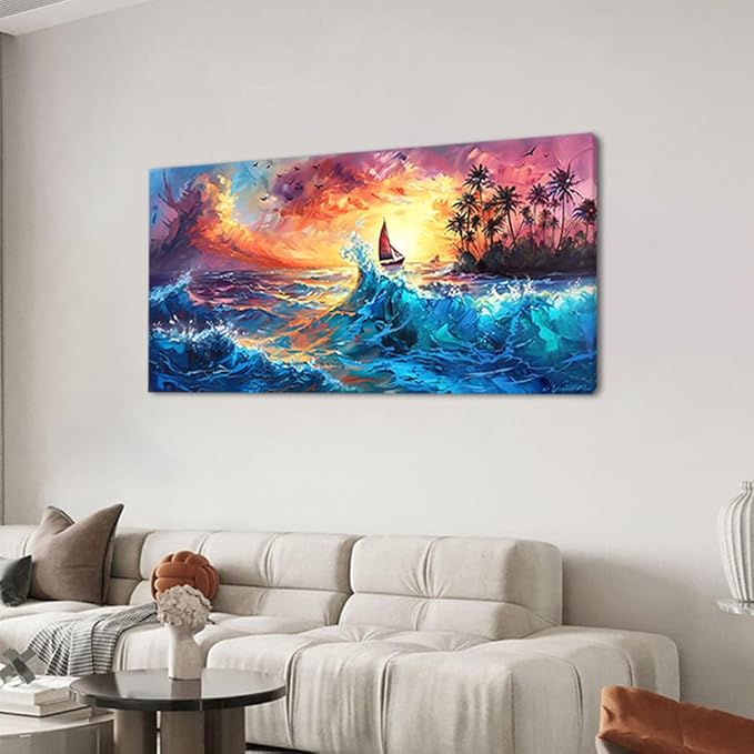 Sailboat Coconut Grove and Blue Waves Under the Sunset Oil Painting Style Wall Art Decor Artwork for Bedroom (30x60 Inches)