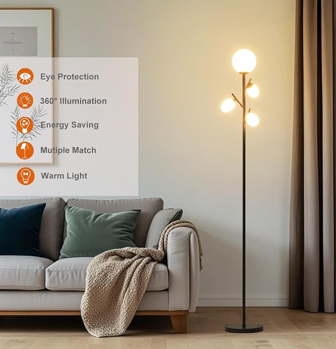 Fiqevs 4 Globe Mid Century Floor Lamp, 4 x 800LM LED Bulbs Included, Torchiere Modern Black Tree Standing Lamp, Contemporary Vintage Tall Lamp for Living Room, Bedroom & Office