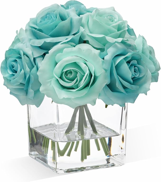 WELL KNOWN Rose Artificial Flowers in Vase with Faux Water, Silk Rose Table Centerpieces for Home Coffee Table Decor, Fake Roses Flower Arrangements for Office Hotel Lavatory Decor (Light Teal Blue)