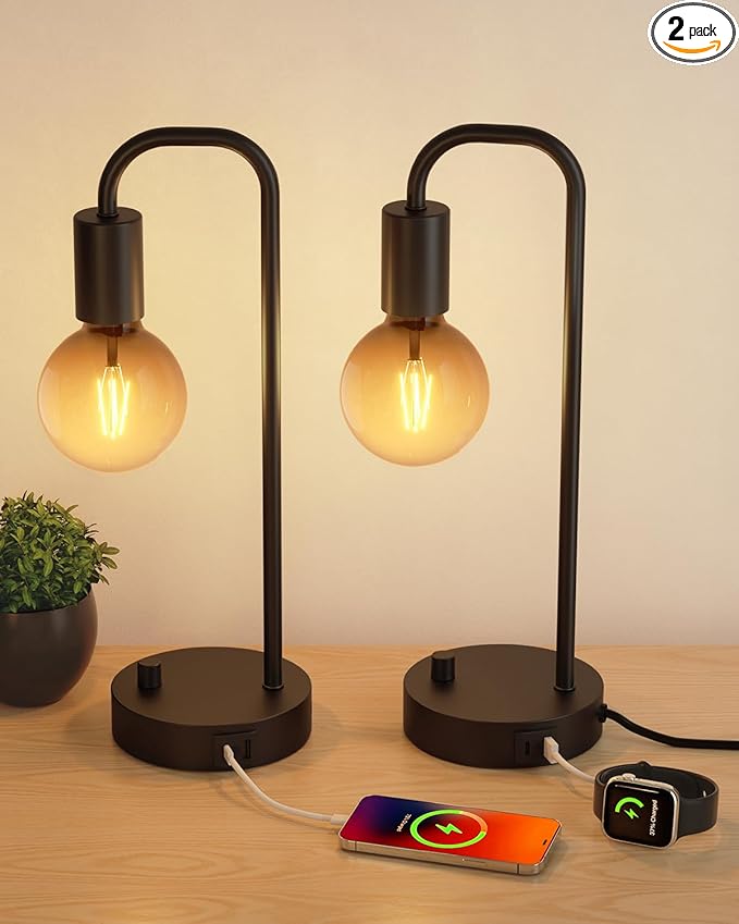 ONEWISH Industrial Table Lamp Set of 2 with USB C&A Charging Port, Stepless Dimmable Nightstand Bedside Lamps for Bedroom,Desk Lamps with 2700K Black Gradient Bulb for Reading Living Room,Office