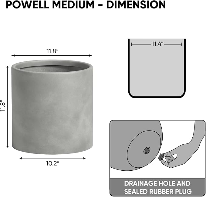 DTY Signature Mount Powell Fiberstone Planter - 12 Inch Medium Gray Cylindrical Mid-Century Modern Home Decor Indoor & Outdoor Plant Pot - Durable Planters for Indoor Plants, Outdoor Spaces