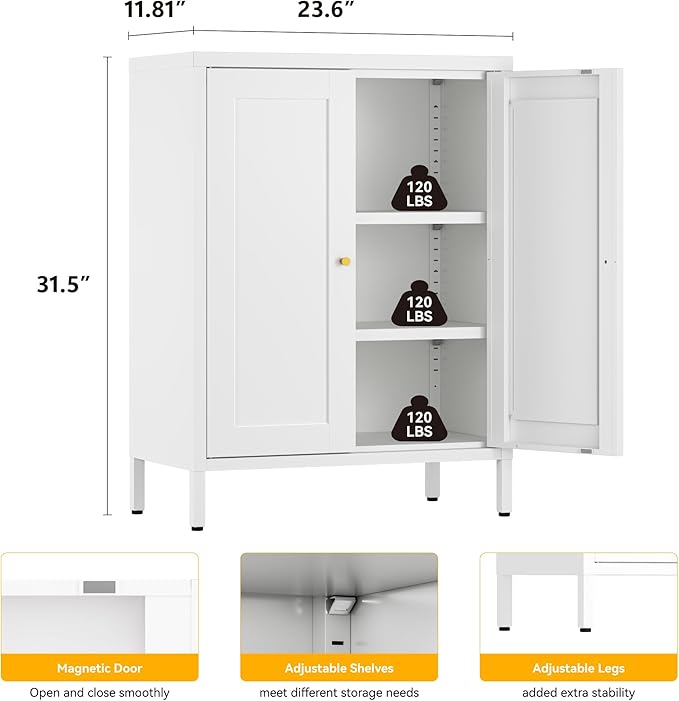 Metal Bathroom Storage Cabinet,Bathroom Floor Storage Cabinet with 2 Adjustable Shelves and 2 Doors,Freestanding Sideboard for Small Spaces, Living Room, Home Office, Dining Room,White