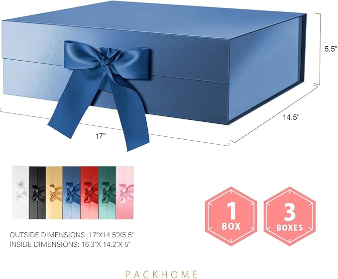 PACKHOME 17x14.5x5.5 Inches, Extra Large Gift Box with Lid, Magnetic Closure Boxes with Ribbon for Clothes and Large Gifts (Glossy Blue)