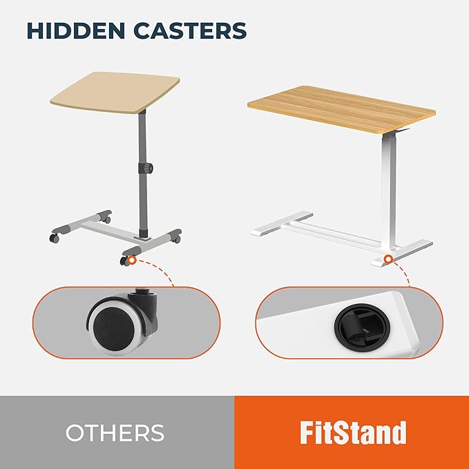 Medical Overbed Adjustable Bedside Table with Hidden Casters, Pneumatic Mobile Rolling Laptop Standing Desk with Tray for Home and Hospital Use, Maple