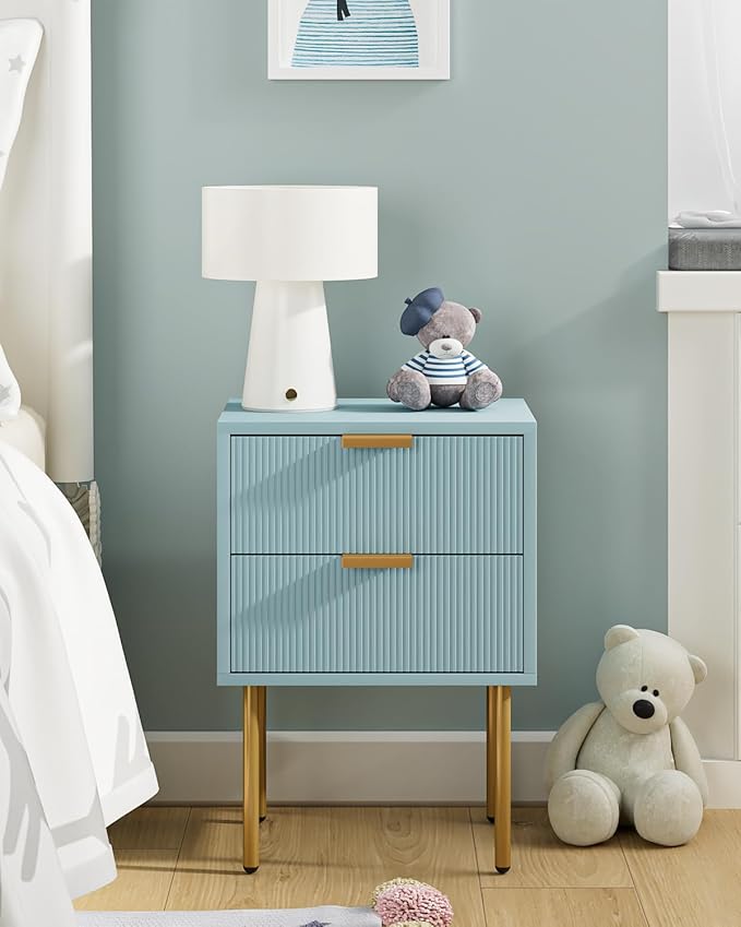 Nightstand,Morden Bedside Table with Gold Frame,Small White Night Stand,End Table,Bedside Furniture,Side Table with Drawer and Shelf for Bedroom,Living Room (2Drawers, Blue)