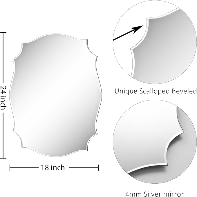 KOHROS Scalloped Beveled Edge Bathroom Mirrors for Over Sink 18" x 24" Silver Frameless Wall Mirror for Bathroom Vanity Entryway