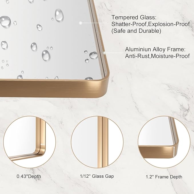 LOAAO 24”X32” Gold Bathroom Mirror, Rounded Rectangle Gold Frame Mirror, Brushed Gold Bathroom Vanity Mirror Wall-Mounted, Anti-Rust, Hangs Horizontally or Vertically