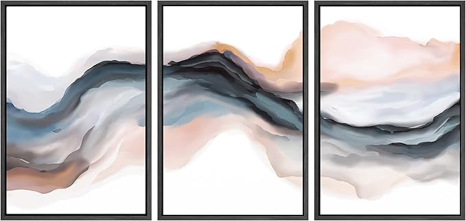 SIGNWIN Framed Canvas Print Wall Art Set Pastel Watercolor Blue Brown Ink Wave Smoke Landscape Abstract Shapes Illustrations Modern Art Decorative for Living Room, Bedroom, Office - 24"x36"x3 Black