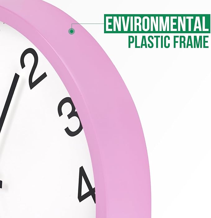 Wall Clock Non-Ticking Silent Quartz Movement Decor Clock Modern Simple Style Round Plastic Wall Clocks for Home/Office/School/Living Room/Bedroom/Kitchen (Pink, 12 Inch)