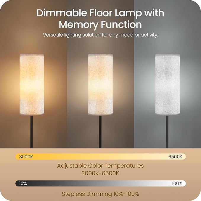 Dimmable Floor Lamp for Living Room with Remote and Foot Switch, Corner Floor Lamp, 66" Standing Tall Lamp, 10W 900LM LED Bulb Included, 3000K-6500K, Linen Shade, Weighted, FCC Listed W06LD05W1