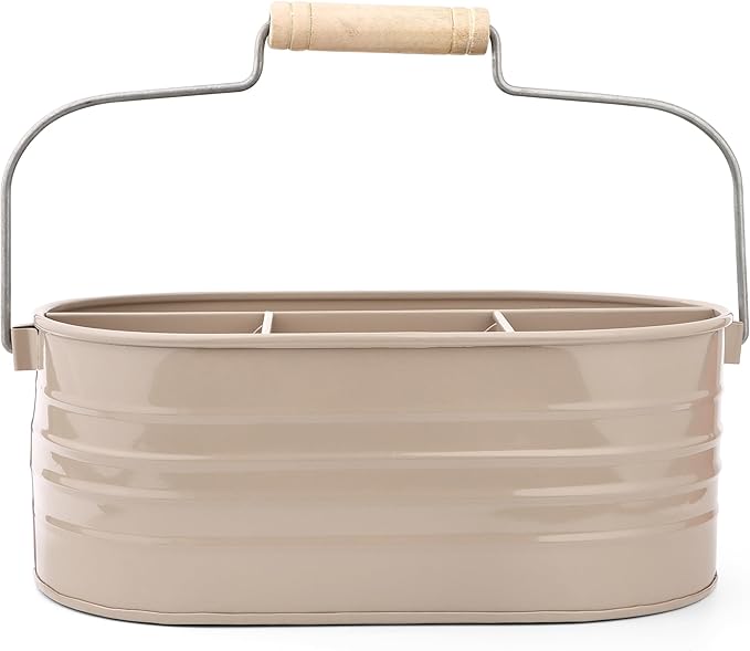Alpha Living Home Multi-Functional Utensil Caddy – 4-Compartment Organizer for Kitchen, Party & Office – Durable Beige Powder-Coated Iron Alloy with Wooden Handle