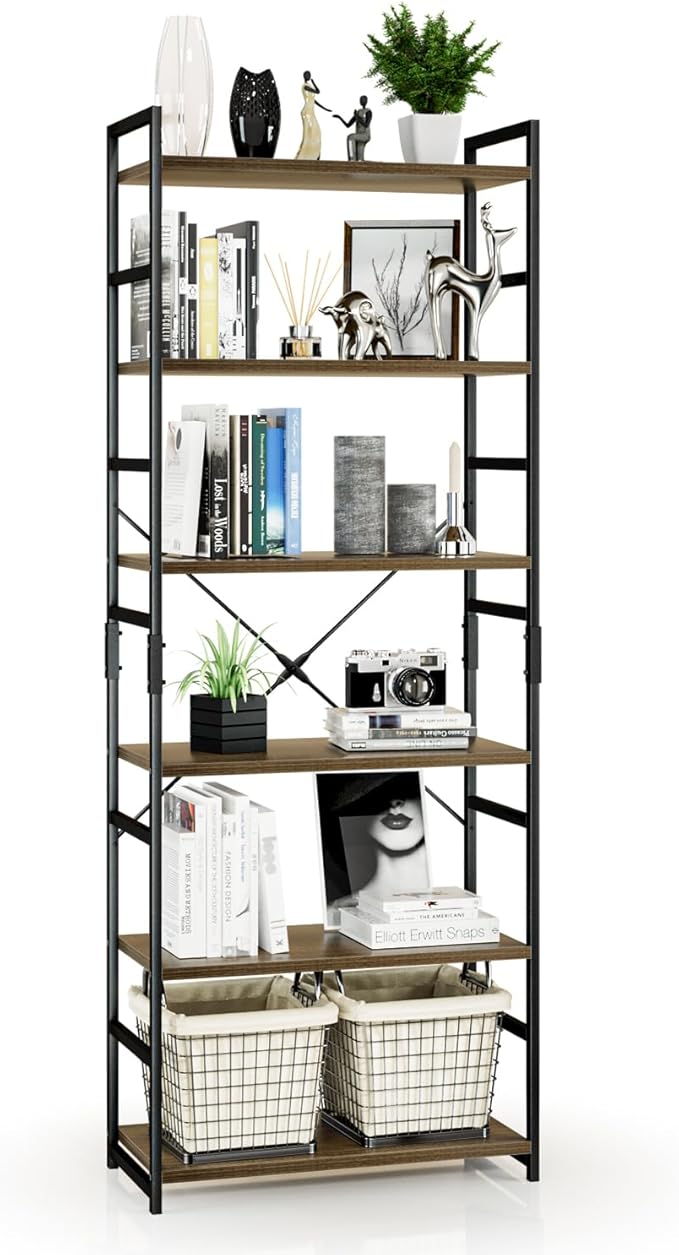 NUMENN 6 Tier Bookshelf, Tall Bookcase Shelf Storage Organizer, Modern Book Shelf for Bedroom, Living Room and Home Office, Dark Walnut