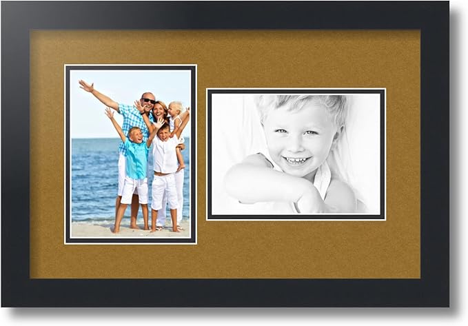 ArtToFrames Collage Photo Frame Double Mat with 2-5x7 inch Openings with Black Frame and El Dorado Top Mat