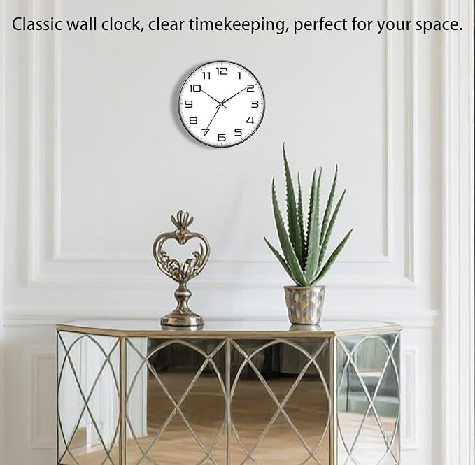 8 Inch Modern Wall Clocks Battery Operated - Silent Non Ticking Quartz Analog Clock with Large Numbers, Easy to Read Digital Wall Clock for Bedroom, Living Room, Kitchen, Office, Gym, Black