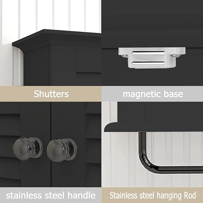 TaoHFE Bathroom Cabinet Wall Mounted Designer Bathroom Wall Cabinet Medicine Cabinet with Double Shutter Doors 3 Tier Adjustable Shelf with Towel Rack Over The Toilet Storage Cabinet Laundry (Black)