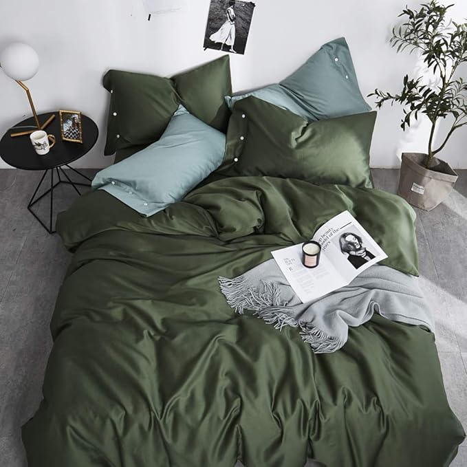 VM VOUGEMARKET Green Duvet Cover Queen,3pcs Silky Cooling Sateen Cotton Bedding Set for Hot Sleeper,Soft Breathable Duvet Cover with Zipper (Dark Green,Queen)