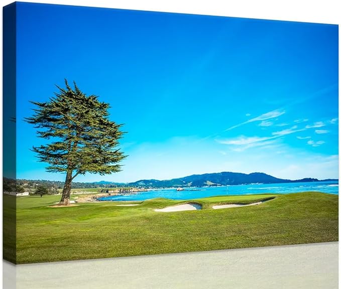 Pebble Beach Golf Course 18th Hole Green Wall Art for Living Room Bedroom Bathroom Home Decorations Golf Course Picture Poster Canvas Prints Modern Framed Artwork Ready to Hang(24''H x 36''W)