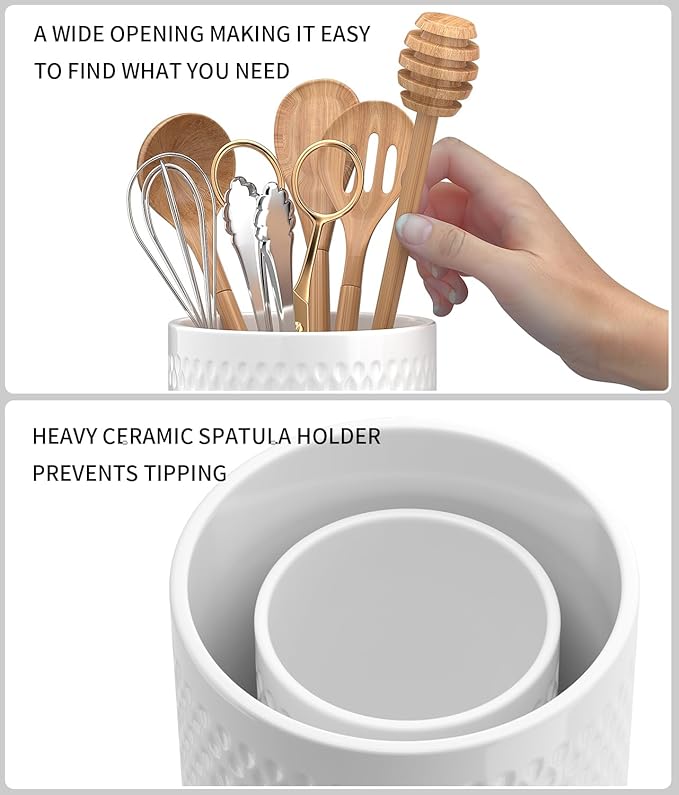 2 Pack Ceramic Utensil Caddy, Large Spatula Holder, Farmhouse Kitchen Decor for Silverware Spoon Crocks