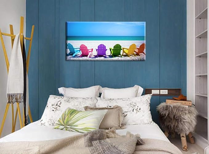 Beach Canvas Wall Art for Living Room, PIY Blue Sea with Colorful Chairs Picture Prints Decor, Relax Leisure Time Home Decorations (Waterproof, Bracket Mounted Ready Hanging, 24x48 Large)