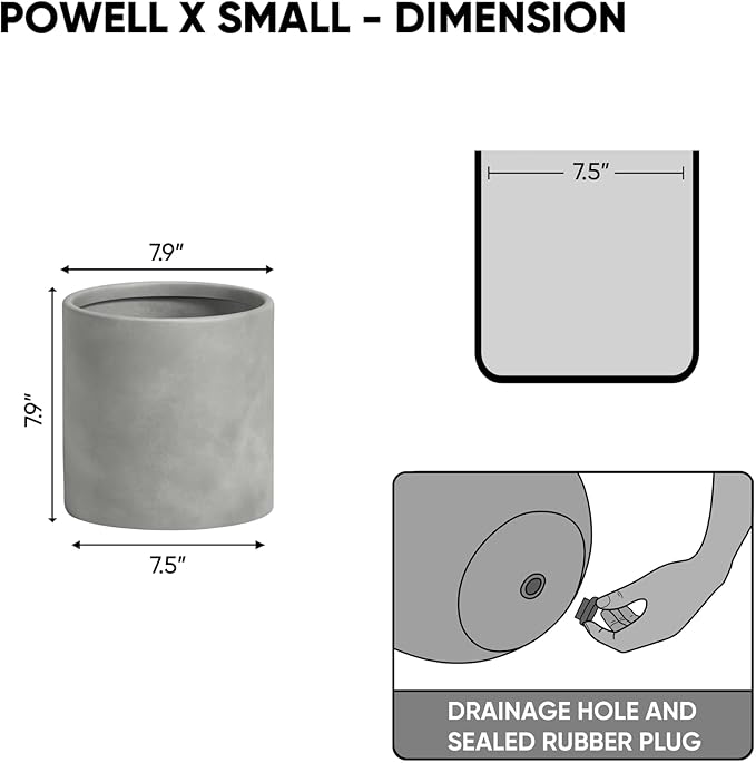 DTY Signature Mount Powell Fiberstone Planter - 8 Inch Extra Small Gray Cylindrical Mid-Century Modern Home Decor Indoor & Outdoor Plant Pot - Durable Planters for Indoor Plants, Outdoor Spaces