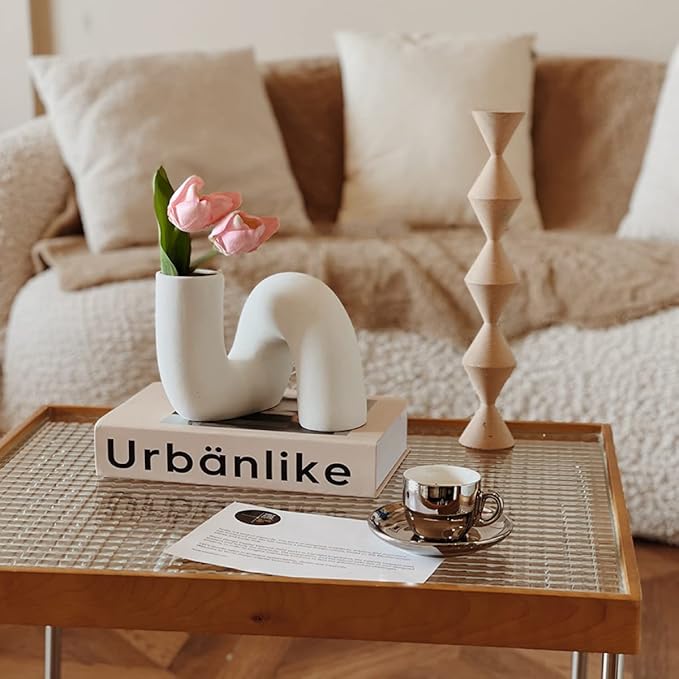 White Ceramic Flower Vase for Decor,Modern Minimalist Abstraction Vases,Farmhouse Decorative vase for Centerpieces,Kitchen,Office, Living Room,Wedding Floral Decoration (Light Brown)