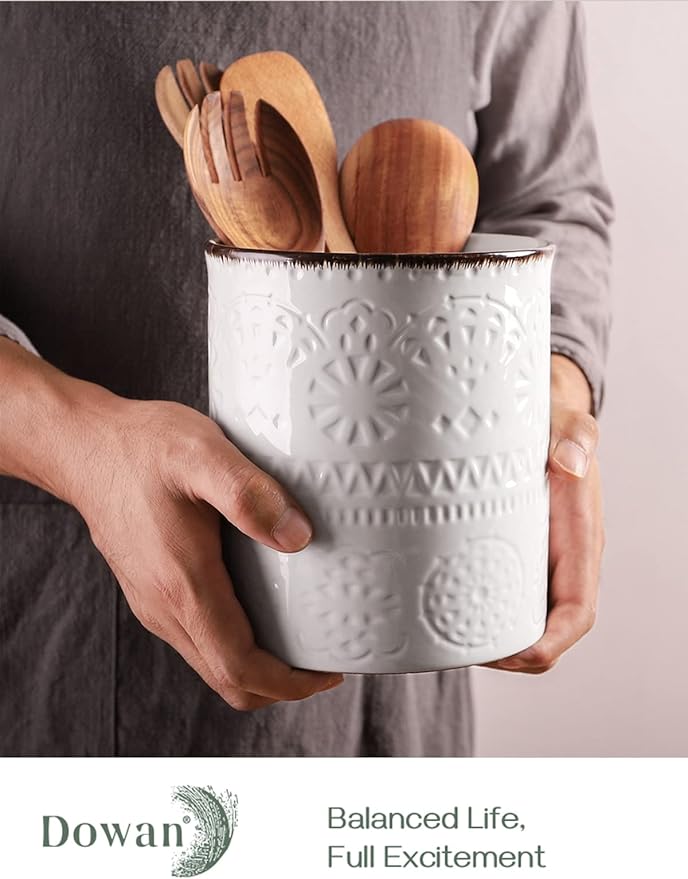 DOWAN 7.2" Kitchen Utensil Holder, Extra Large Farmhouse Utensil Holders for Countertop, Ceramic Utensil Crock, Anti Slip Cork Bottom (White, 7.2 Inch)