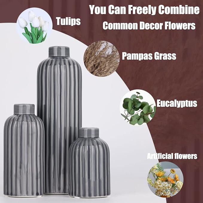 Gray Ribbed Ceramic Vase Set, 3 Gray Small Vase, 3 Piece Set of Glazed Decorative Grey Vases, Living Room, Table, Fireplace Mantel, Kitchen, Bathroom, Mantle Farmhouse Decor Small Vase