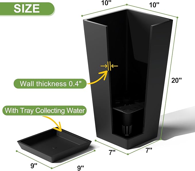 Elevens Set of 2 Tall Outdoor Planters 20 Inch, Large Planters for Indoor Outdoor Plants, Tapered Square Flower Pots with Tray for Patio,Black